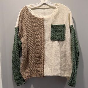 SHEIN Patchwork Cable Knit Sweater - Cream, Brown, Green